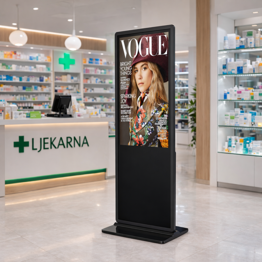 Digitalni LCD reklamni zaslon u ljekarni za promocije i informiranje kupaca