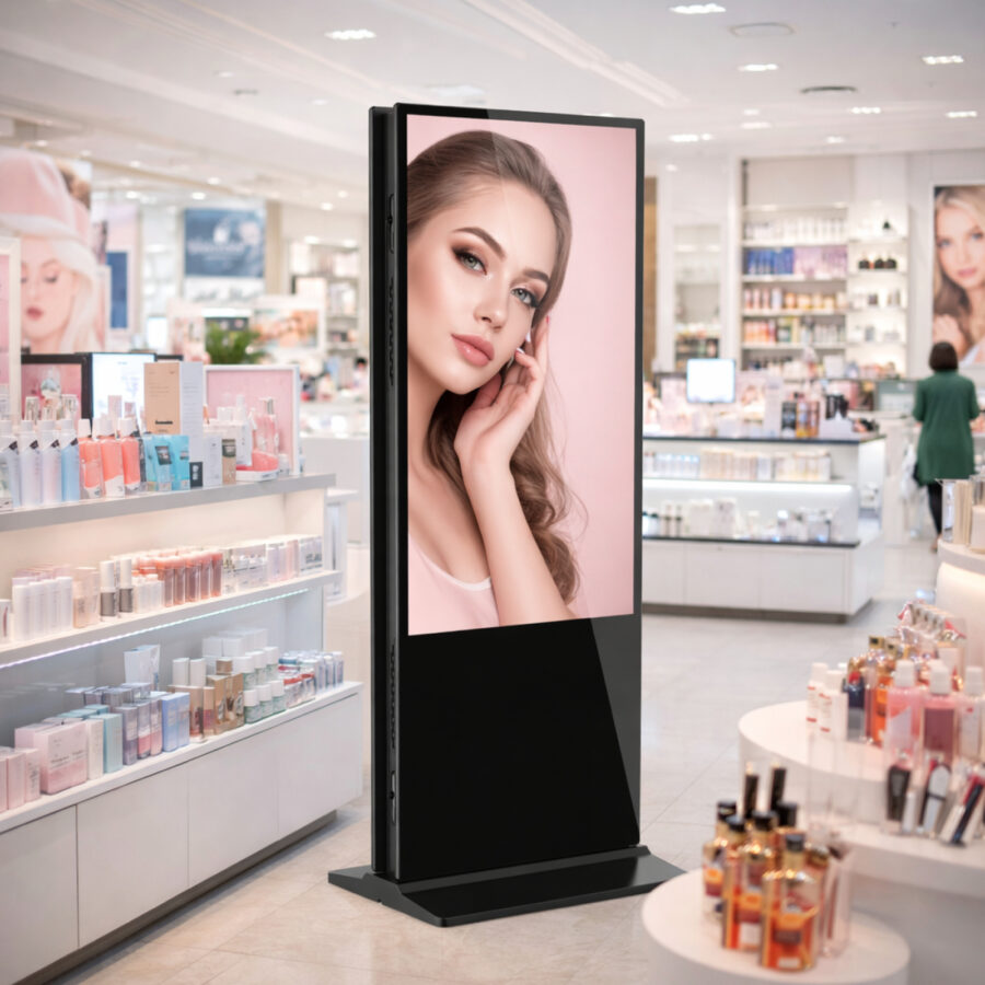 Samostojeći LCD reklamni zaslon u drogeriji za promociju kozmetičkih proizvoda