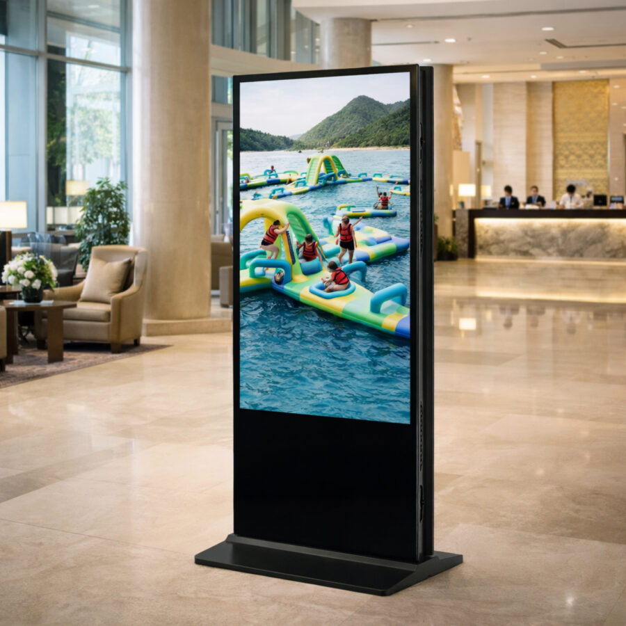 Samostojeći LCD reklamni zaslon u hotelskom lobiju s promocijom vodene igraonice